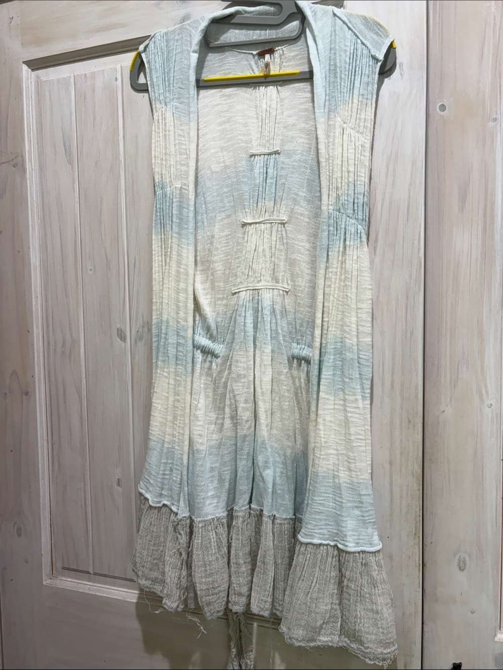 Free People Light Blue & White Tie-Dye Maxi Vest with Ruffled Hem